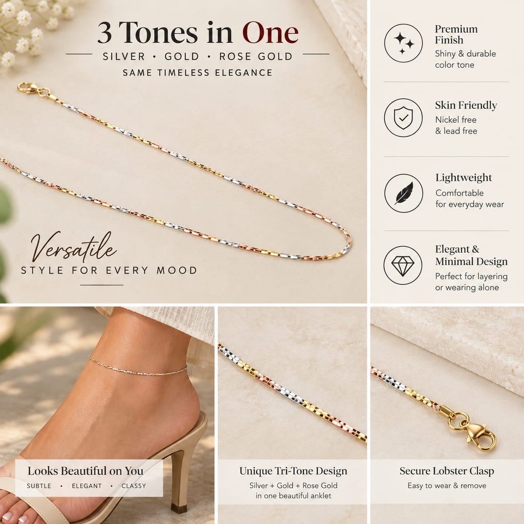 BRD Tri-Tone 925 Sterling Silver Anklet